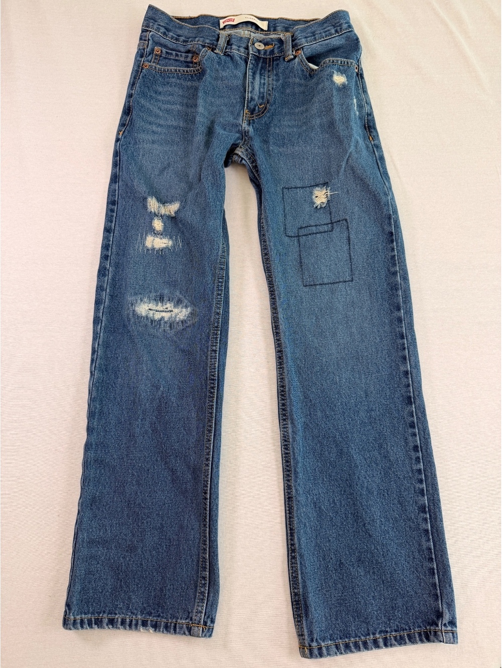 Levis 100 Cotton Distressed Patch Straight Leg Jeans Size 14 Reg W27 L27